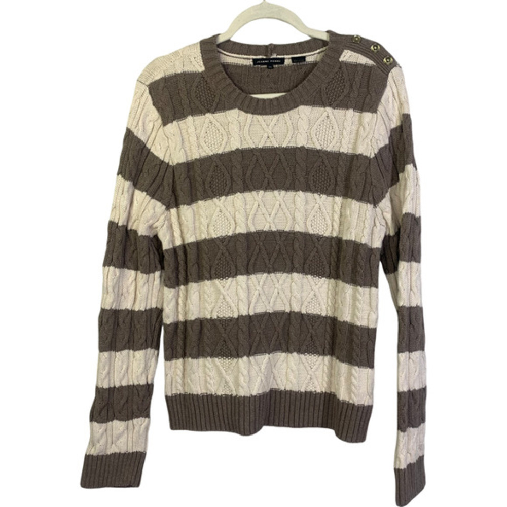 JEANNE PIERRE Cream & Taupe Stripe Cable Knit Pullover‎ Sweater